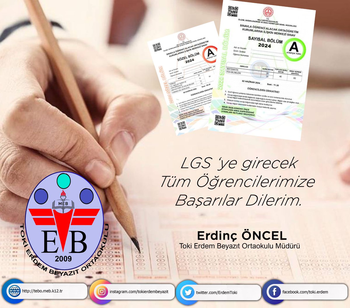 ErdemToki's tweet photo. 📍2 Haziran 2024 Pazar günü yapılacak LGS sınavında geleceğimizin teminatı olan öğrencilerimize başarılar diliyoruz.
Tüm emeklerinizin karşılığını bulmanız dileğiyle🎯
#lgs2024 
@istanbulilmem 
@KucukcekmeceMeb 
@eroncel26 https://t.co/kzWXszD2av