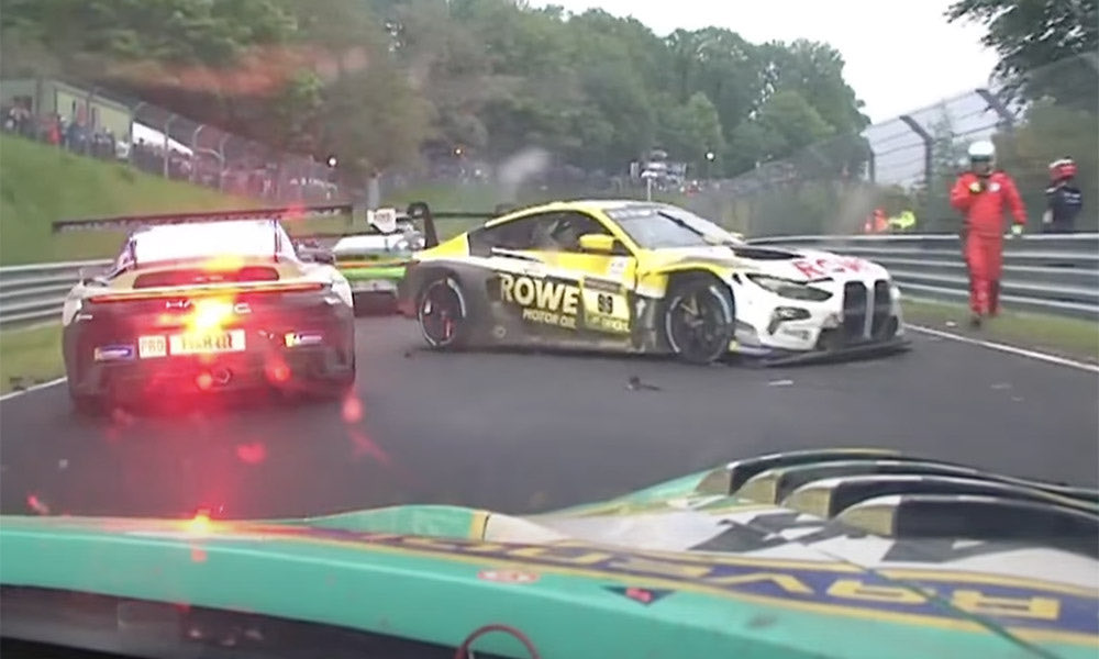 sportscar365's tweet photo. 💥 SHELDON CRASHES: The No. 99 ROWE Racing BMW M4 GT3 is out of the Nürburgring 24 after being involved in a three-car accident while leading the race.
➡️ https://t.co/PpBu9T3fnI #N24 #IGTC https://t.co/BJSDDYfELC