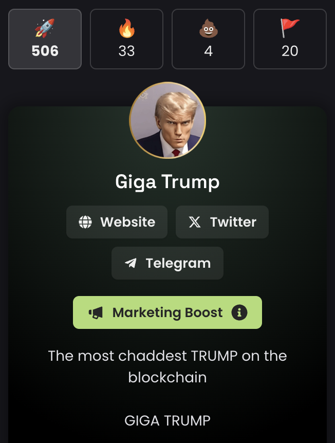 GIGATRUMPCOIN's tweet photo. ๐ 500 ROCKETS ON #DEXSCREENER AND CLIMBING
THE GIGA CHADS AT $GTRUMP LEAVE NO STONE UNTURNED
MORE AND MORE GIGA CHADS ARE FINDING THEIR WAY HOME BY THE MINUTE DUE TO OUR ADS AND CONSTANT TRENDING
https://t.co/anmU0zINO8
#POLITIFI #POLIFI #POLITICALMEMECOIN #TRUMP2024 $MAGA https://t.co/ZbczmA624q