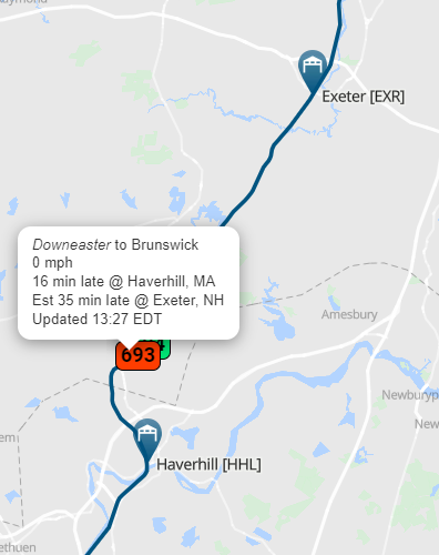 AmtrakStatus's tweet image. Train 693 Downeaster is travelling approximately 0 hour and 35 minutes late #Amtrak #Train693 #Downeaster 🚆