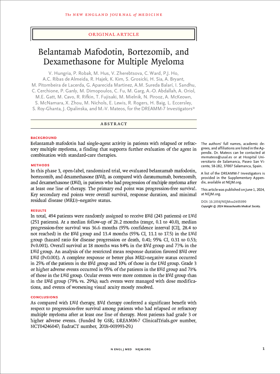 NEJM's tweet photo. DREAMM-7: Among patients with relapsed myeloma, median PFS was about 3 years with a regimen including the anti-BCMA antibody–drug conjugate belantamab mafodotin, as compared with about 13 months with a regimen including an anti-CD38 antibody. https://t.co/Gc7WWMdXUm
#ASCO24 https://t.co/39LTiEiWaf