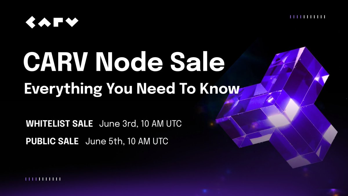 carv_official's tweet photo. ℹ️ Everything you need to know about CARV Node Sale!

🗓️ Node Sale Dates:
• Whitelist Node Sale: June 3rd, 2024, at 10 AM UTC (available for 2 days), exclusively for Whitelist users.
• Public Node Sale: June 5th, 2024, at 10 AM UTC, open for all users.

🌐 Where to Buy Node:
• Purchase at: https://t.co/qYTj8s2RZh
• More info at the Node official website: https://t.co/EeYExrDp8a
• Node purchase tutorial: https://t.co/wQaZl2UTC4

💰 Node Price & Rewards:
• Check here: https://t.co/CKTLkJvbtL

🎫 Whitelist Status:
• Check if you've won here: https://t.co/l0aXxfSjKG

🏃 Running a Node:
• Node Setup Tutorial - Easy setup in just 1 minute: https://t.co/JaARKhtSH6
• Delegation Tutorial - Takes few clicks: https://t.co/KJxRKOd82Z

🔄 Up-to-100% Buyback Program:
• Buyback Program: https://t.co/fJ9GOpChxA

💹 CARV Financing:
• Details here: https://t.co/vxoIW4hmAY

🙋 Have More Questions?:
• Check our FAQ: https://t.co/6ZxCQQUFZu

📰 News on CARV Node Sale:
• Animoca buying at T6: https://t.co/xVp8WQtvcq
• Fjord sold out 200 nodes for 230K: https://t.co/j5oxGO8qDc
• Seedify 2M sold out: https://t.co/apLe2kefKO

🌍 Global Perspectives on CARV Node Sale:
• EN: $CARV Nodes sale! Data to earn Protocol Tutorial https://t.co/RftfwRE0B8
• KR: VC 짱짱한 CARV, 곧 노드 세일 임박 (+ 구독자 WL 이벤트) | ★노드 구매 준비 가이드 | 카브 노드 https://t.co/v4eiU6scXo
• GE: Der BESTE AI & DATA Altcoin! 99% werden CARV verpassen (Nur 4 Tage Zeit) https://t.co/VlgIVHHDcd
• CN: 如何站上這輪兩大暴利敘事中心，賺盡節點被動收入?! 認識 Carv：全新AI 與 Gaming 數據基建平台... https://t.co/UK5PzKTWh5
• VN: CARV - Dự án cơ sở hạ tầng dữ liệu cho Gaming và AI có gì hot? https://t.co/ZICa1PL4BI