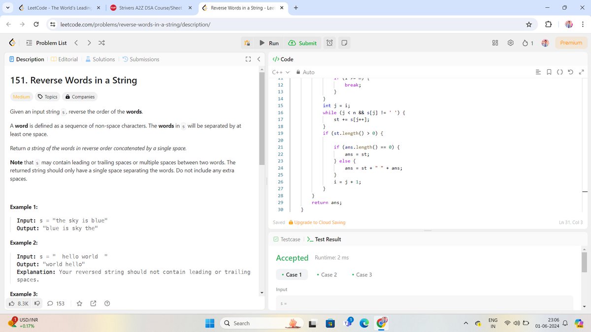 Deepakg57171715's tweet photo. Day 52 of #365daycode
Today solve a problem on leetcode.
Problem Statement:- Reverse Word in a string. https://t.co/60NZVkYKoq