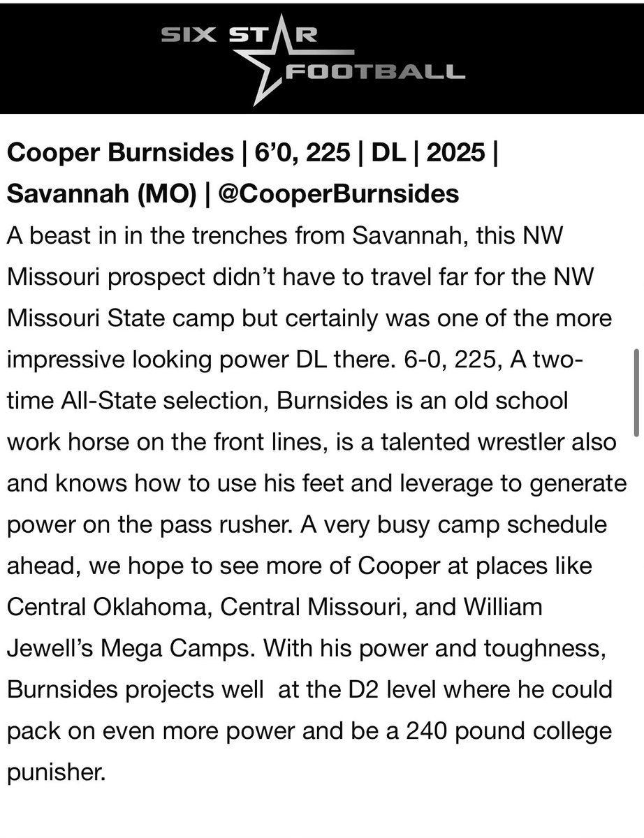 CooperBurnsides's tweet photo. Thank you @6starfootballMO for the write-up from the Northwest Missouri State Football Camp. @CoachCalebWiley @CoachHays_ @SavannahFB_ @WOWKCfootball @PrepRedzoneMO @JPRockMO https://t.co/1WJGbbdTXp
