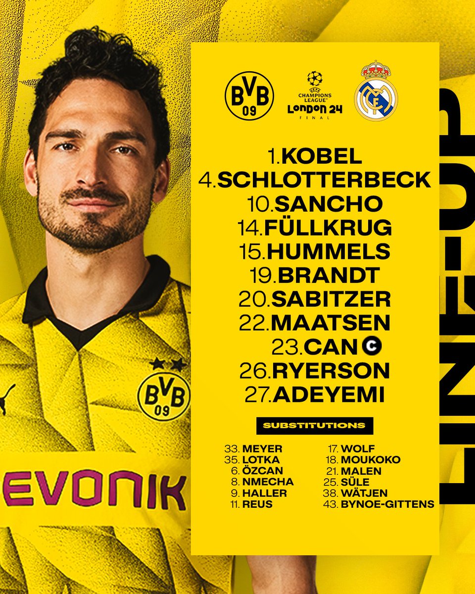 🚨 STARTING XI VS REAL MADRID 🚨

#BVBRMA #UCL #UCLfinal