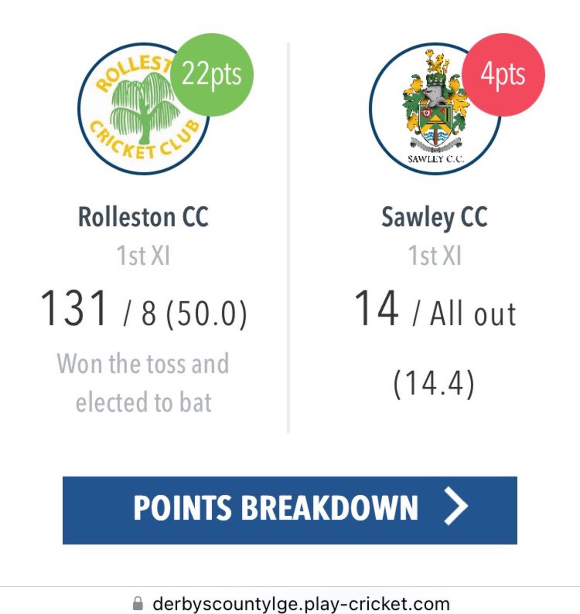 Low score of the day?

Quick finish ⁦<a href="/RollestonCC/">Rolleston Cricket Club</a>⁩ bowling ⁦⁦<a href="/sawleycc/">Sawley CC</a>⁩ out for just 14!

Have a feeling it may get mentioned on next weeks episode!