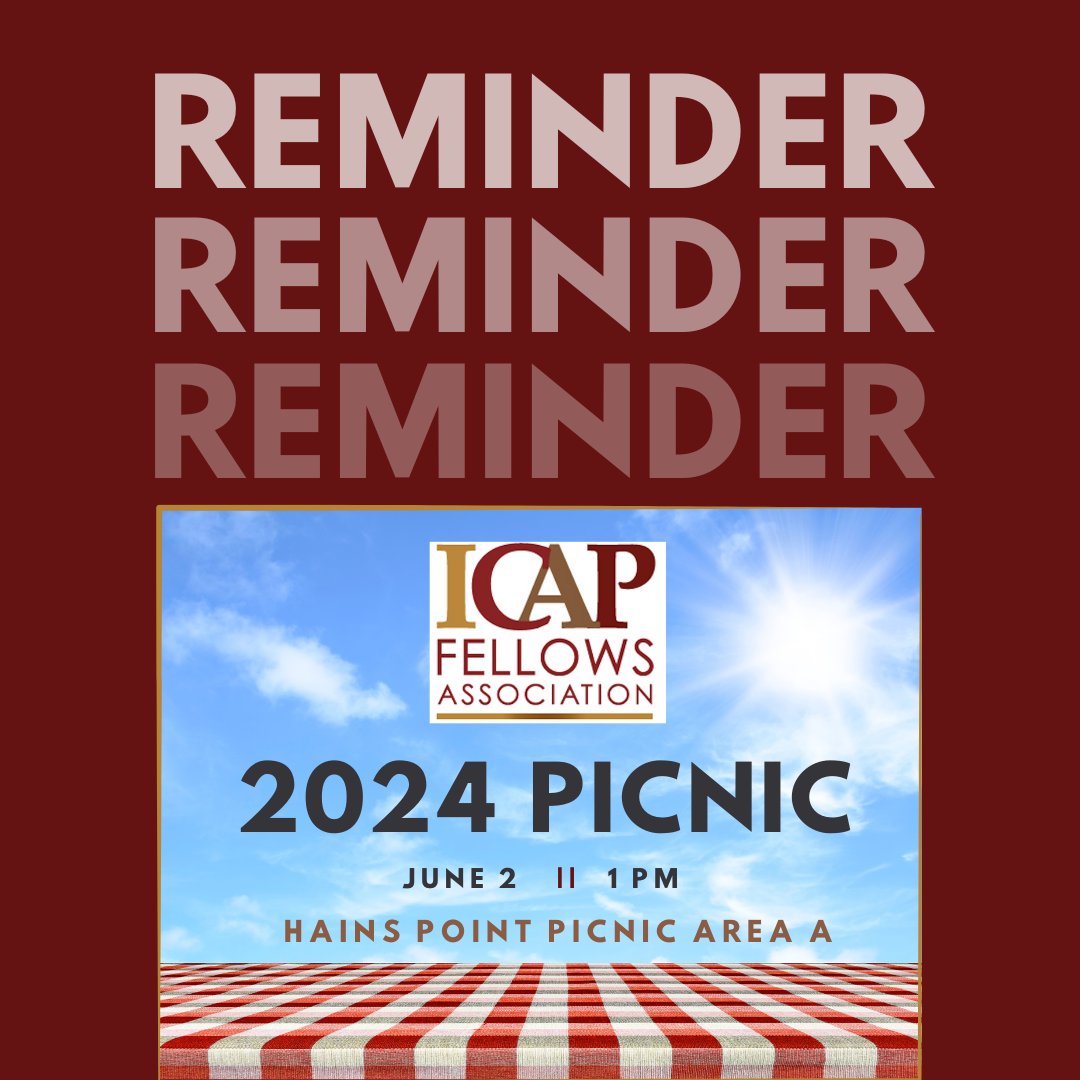 icapfellows's tweet photo. TOMORROW: Don't forget to register for the 2024 Annual ICAPFA Picnic - June 2nd at 1 PM! What a great opportunity to relax, network, and make memories as a community. Register now: https://t.co/ygGyJrRNcR https://t.co/9O6uKCTkPZ