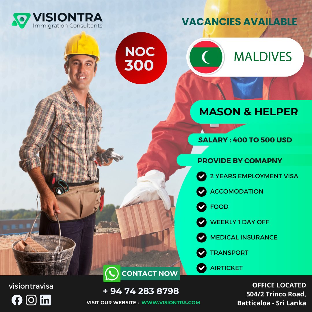 Maldives Jobs Available 🇲🇻 300 NOC - Urgent Hiring from Sri Lanka 🇱🇰

#VisiontraImmigration #dubaivisitvisa  #Srilankavisaagency #aftervisapayment #Visaagencyinsrilanka #Visiontra #bestvisaagencyinsrilanka #bestrecruitmentagency #bestrecruitmentagencyinsrilanka