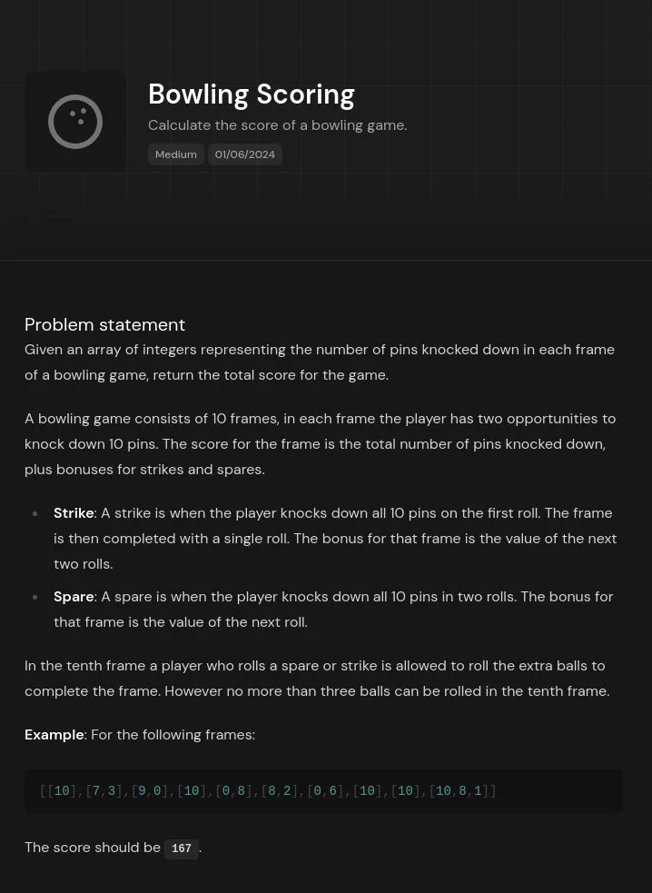 Bowling scoring problem description on Jugly.io
