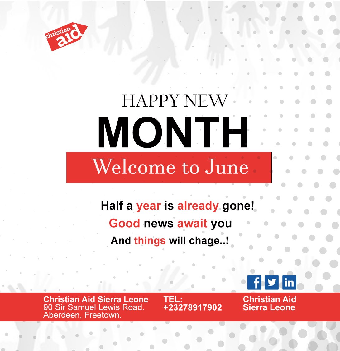 Happy New Month!
Good news awaits you and things will change.

#ChristianAid
#StandingTogether