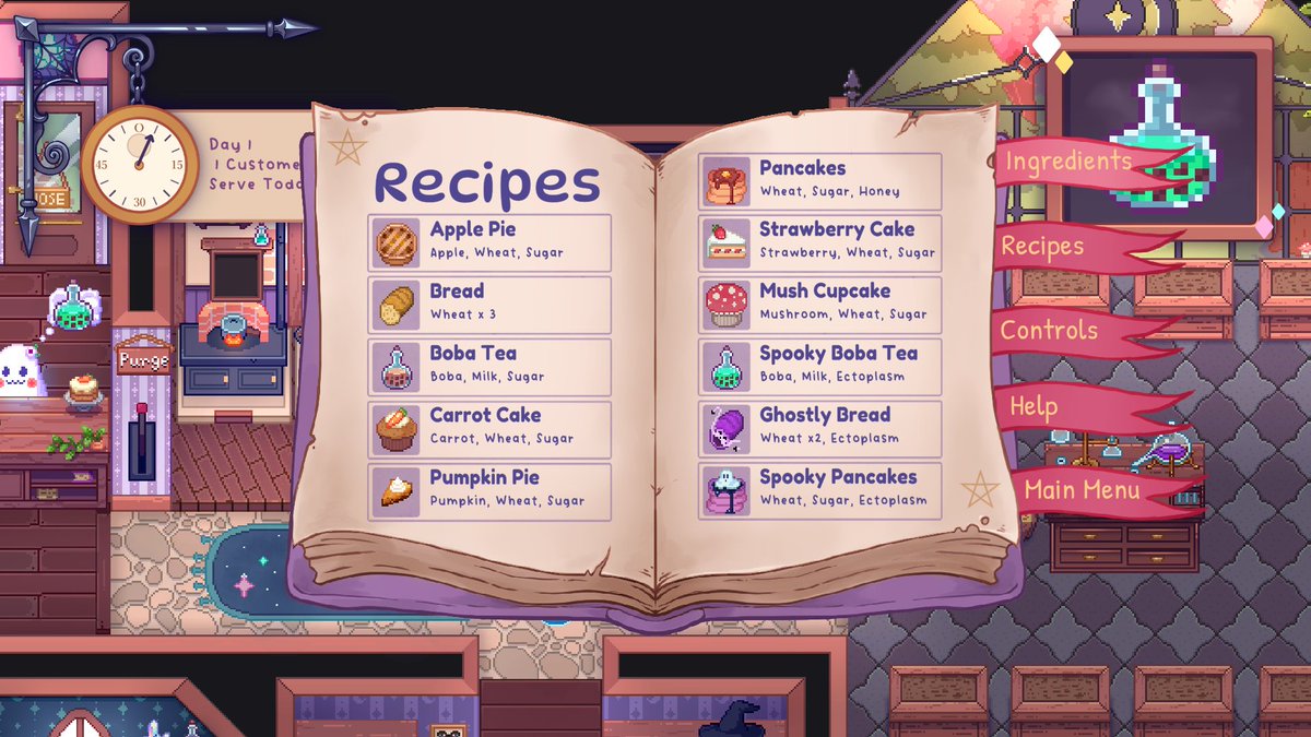 OuijaTimeStudio's tweet image. here's a few screenshots of the current demo of our cosy game - where you play as a witch running a bakery for ghosts! 
#gamedev #unity2d #indiedev #indiegame #itchio #screenshotsaturday