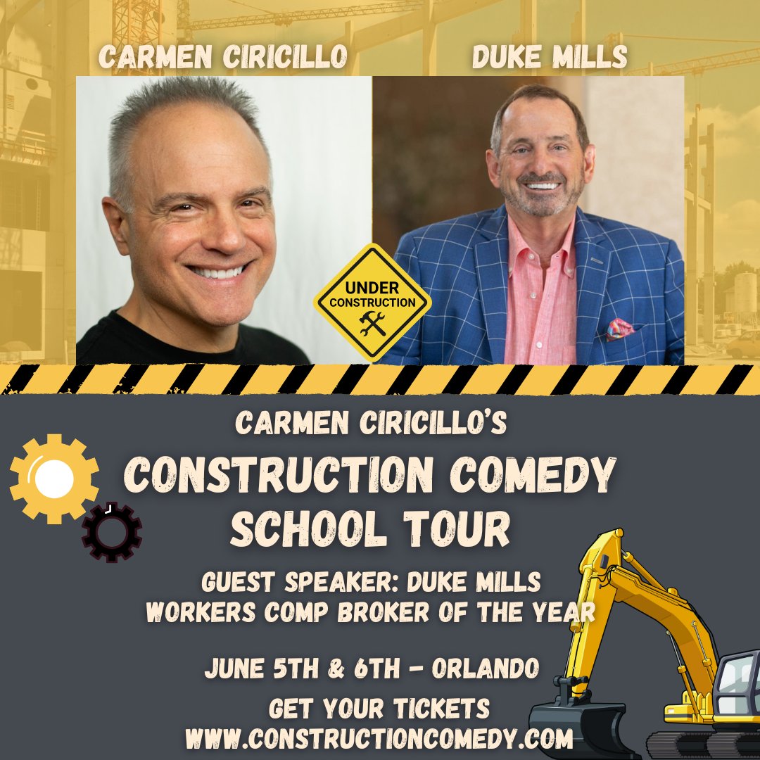 dukemillsWCS's tweet photo. Come see us in Orlando, laugh and learn with Carmen Ciricillo's Construction Comedy School Tour, featuring me Duke Mills, Workers Comp Broker of the Year! 🛠️🎤 Don't miss this hilarious and insightful event! #ConstructionComedy #WorkplaceSafety https://t.co/y4CRMdZyO3