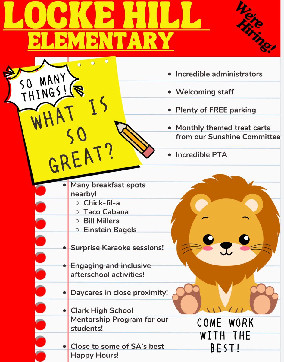 A little job fair fun this morning! 🦁❤️
Our orange flyer included all the reasons to work at Locke Hill ES! 😂 <a href="/MsDeHoyosNISD/">Melissa De Hoyos</a> <a href="/sheltonshane70/">Shane Shelton</a>