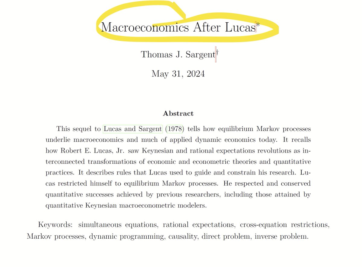 CavaliereGiu's tweet photo. Hi #EconTwitter! 📈

For those interested in #macroeconomics:

Check out the brand new paper "Macroeconomics after Lucas" by Economics Nobel laureate Tom Sargent! 📚

Sargent is highly insightful - as usual. Simply, a must-read for those doing #economics!

Link: https://t.co/qGkZcxN2DE