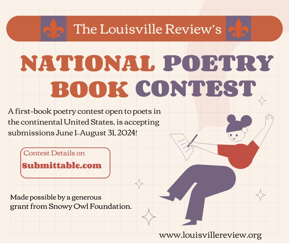TheLouRev's tweet image. The Louisville Review's National Poetry Book Contest is NOW open. Please send us your best work.
Details here: mailchi.mp/louisvillerevi…