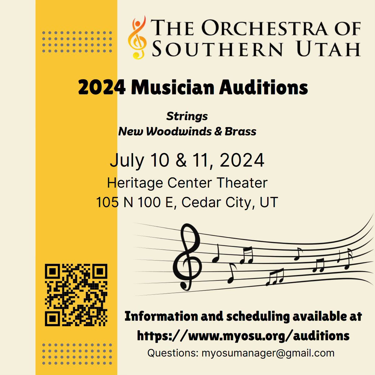 The Orchestra of Southern Utah is a leading community orchestra at a semi-professional level. We welcome musicians ages 14 and up from intermediate to advanced levels.  sign up at myosu.org/auditions
Audition Dates: July 10th &amp; 11th, 2024