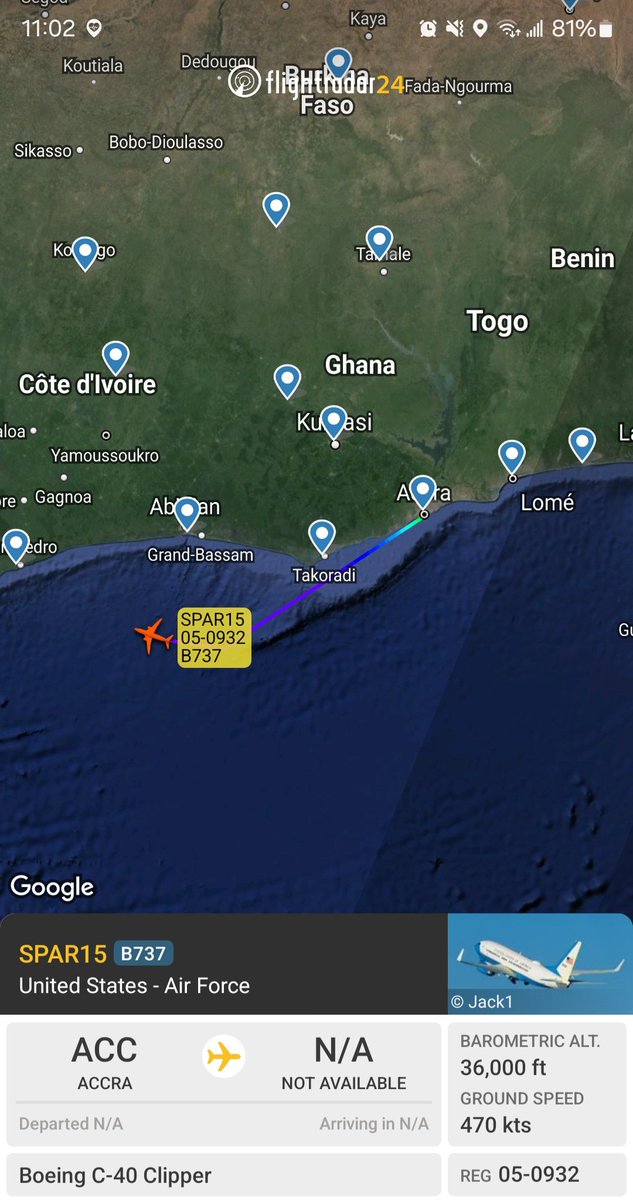 Borrowed7Time's tweet photo. USAF C-40 Clipper 05-0932 #AE189C as SPAR15 tracking west from Accra. Likely on board is Dep. Asst. SecState Ann Ganzer, who attended the Africa Nuclear Business Platform meeting in Accra.
@Dinlas3 @fabsenbln https://t.co/PPomC1Yt4P