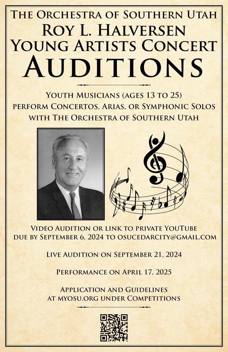 Good summer project. Please share with advanced students and teachers who have advanced students who want to perform with the Orchestra of Southern Utah. 
Details and application form at 
myosu.org/competitions