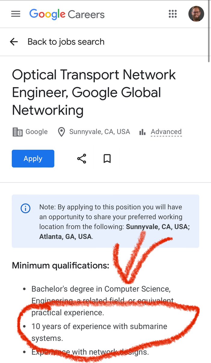 Anyone with 10 years of experience with submarine systems? 🫣😂 google.com/about/careers/…