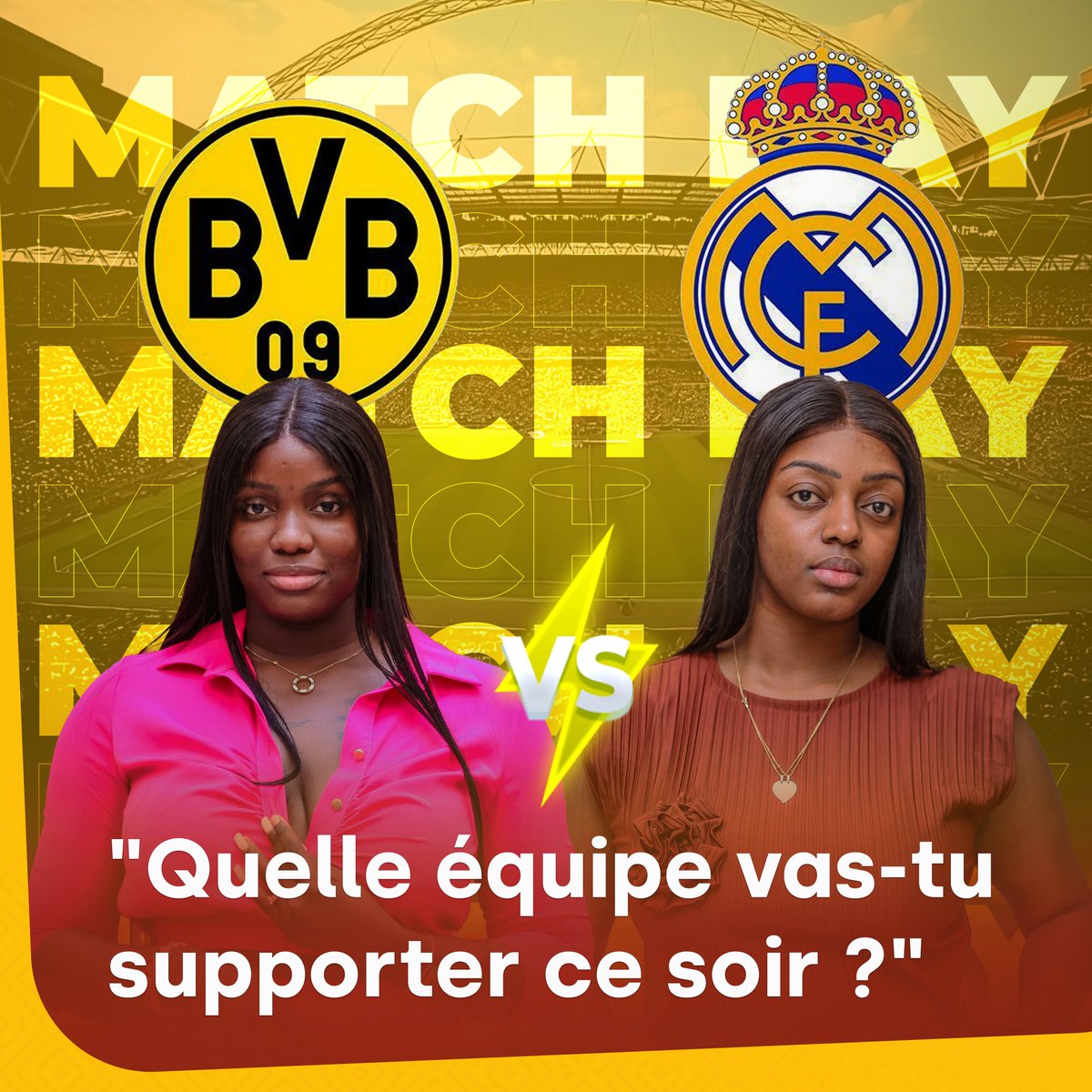 maroditv's tweet photo. Finale de Ligue des Champions ⚽ aujourd'hui ! Quel équipe vas-tu supporter ?
La #teamFa (Real Madrid) ou la #teamDjodjo (Dortmund) ? 🤔
On se donne rendez-vous ce soir pour l'épisode 62 de Baabel ⌛🔥
#marodi #maroditv #baabel #production https://t.co/mWAIE0xyI6