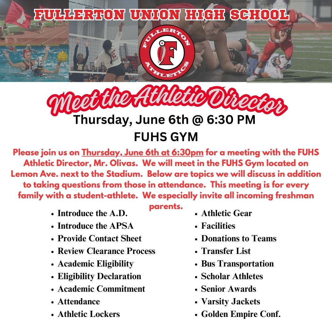 Fullerton Union High School Athletics (@1893_fuhssports) on Twitter photo FUHS "Meet the Athletic Director Night." For all grade levels, especially incoming freshman student-athletes and their families. <a href="/Principal_Rubio/">Principal Rubio</a> <a href="/fjuhsd/">Fullerton Joint Union High School District</a> <a href="/fullertonhigh/">The Tribe</a> <a href="/NicholasKnightt/">Nicholas Knight</a> <a href="/ParksJHS/">Parks Jr High</a> <a href="/teambeechwood/">Beechwood School</a> FUHS "Meet the Athletic Director Night." For all grade levels, especially incoming freshman student-athletes and their families. <a href="/Principal_Rubio/">Principal Rubio</a> <a href="/fjuhsd/">Fullerton Joint Union High School District</a> <a href="/fullertonhigh/">The Tribe</a> <a href="/NicholasKnightt/">Nicholas Knight</a> <a href="/ParksJHS/">Parks Jr High</a> <a href="/teambeechwood/">Beechwood School</a>