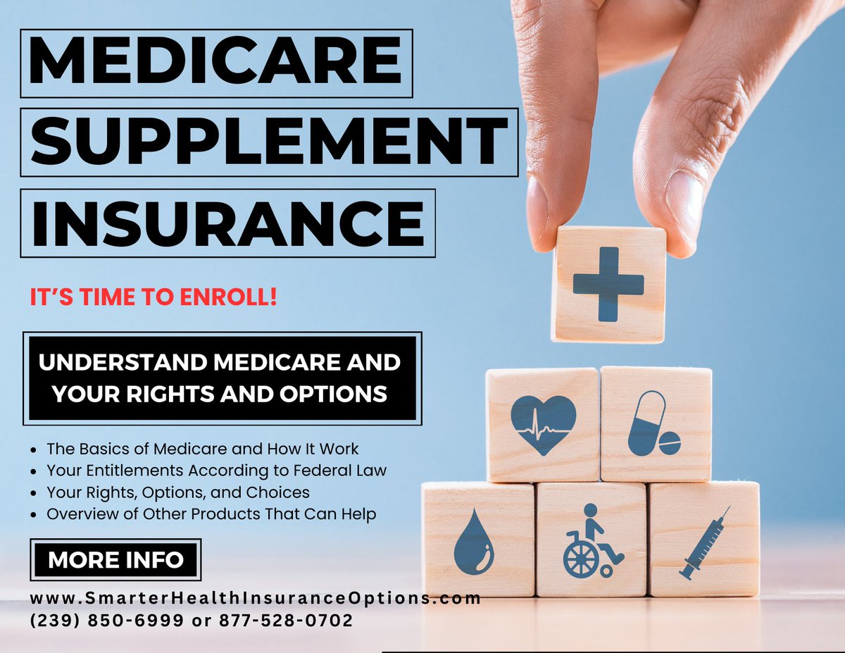 TSPFinancial's tweet image. Smarter Health Insurance Options
Medicare Supplement Insurance
smarterhealthinsuranceoptions.com/medicare-suppl…

Retired and Ready to Settle Down and Enroll into Medicare? 

Medicare Supplement Insurance Maybe Just Right for You!
Let me help you with a FREE Medicare Review, and go over your rights and…