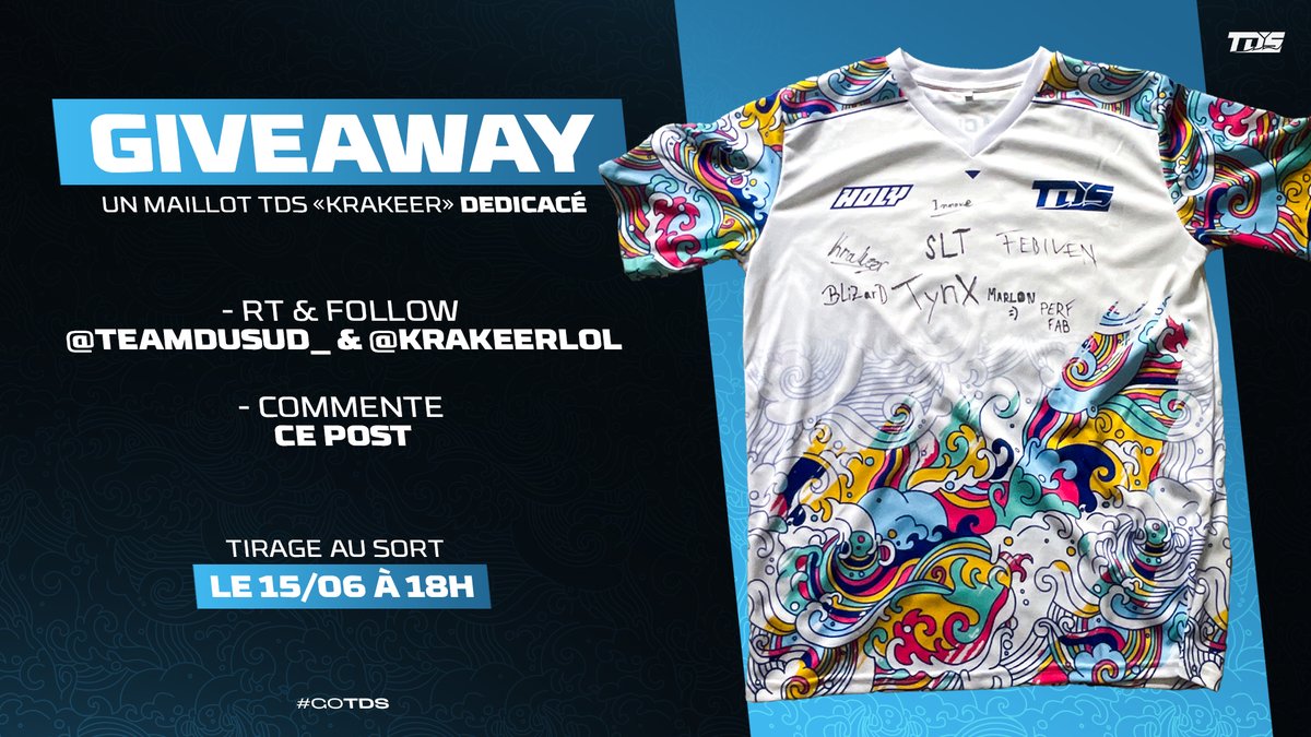 David Bruk (@krakeerlol) on Twitter photo Hey, en plus de la semaine en 2-0, je suis ravi de vous donner un petit extra! Un jersey signé par l'équipe pour vous les gâtés!
Pour participer:
❤️&🔁le post
✅Follow <a href="/TeamduSud_/">TDS ESPORT 🌊</a> + <a href="/krakeerlol/">David Bruk</a>
💬Selon toi,quel sera notre résultat du Summer Split?🤔
Tirage au sort le 15/06
#GOTDS Hey, en plus de la semaine en 2-0, je suis ravi de vous donner un petit extra! Un jersey signé par l'équipe pour vous les gâtés!
Pour participer:
❤️&🔁le post
✅Follow <a href="/TeamduSud_/">TDS ESPORT 🌊</a> + <a href="/krakeerlol/">David Bruk</a>
💬Selon toi,quel sera notre résultat du Summer Split?🤔
Tirage au sort le 15/06
#GOTDS