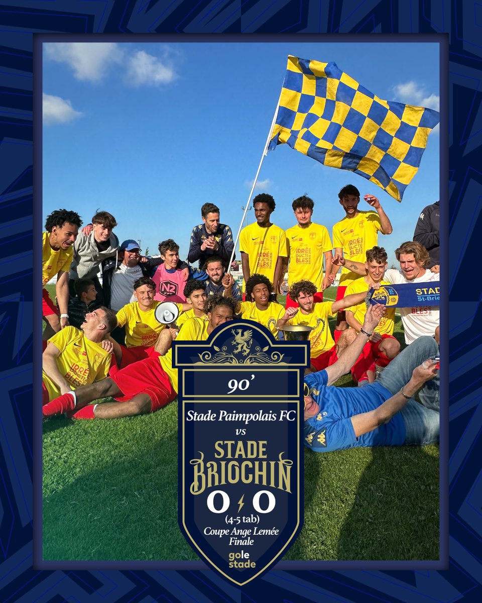 StadeBriochin's tweet photo. 𝑳𝒊𝒗𝒆.

90’ 🏁 | Vainqueurs de la Coupe Ange Lemée @DistrictFoot22 !

Les Ty'Griffons de Ludovic Le Dolédec remportent la compétition au terme d'un 0-0 dans le temps réglementaire puis la séance de tirs aux but 4-5 sur le Stade Paimpolais FC.

👏 Bravo les gars et bravo à Paul Jouan pour son arrêt lors de cette séance et pour sa dernière sous les couleurs Bleu & Jaune après 16 licences !

𝟬⌁𝟬 (��⌁𝟱) | #SPFC𝗦𝗕
#golestade