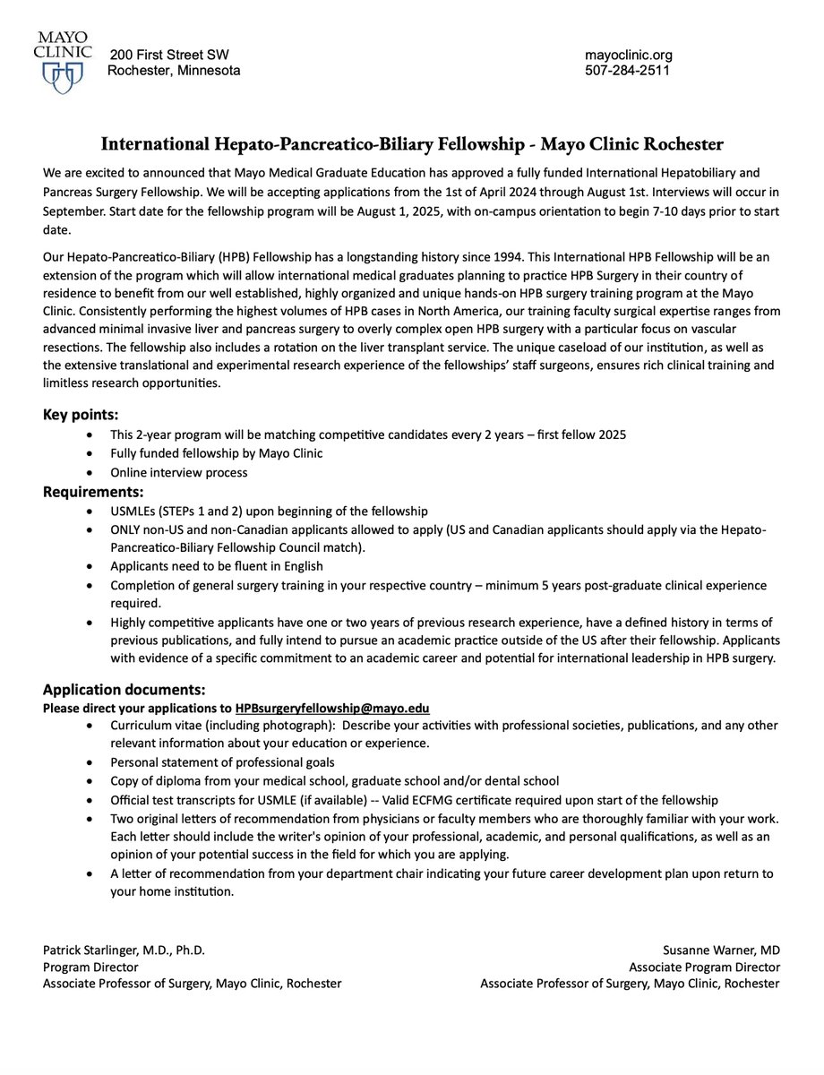 Patrick Starlinger_TELL International (@tell_starlinger) on Twitter photo As of today, we will be accepting applications for our International #HPB fellowship at #MayoClinic Rochester for 2 more months - do not miss out to apply - an incredible opportunity that will change your life! @drsuswarner <a href="/ThielsCA/">Cornelius A. Thiels</a> <a href="/MayoClinicSurg/">Mayo Clinic Department of Surgery</a> As of today, we will be accepting applications for our International #HPB fellowship at #MayoClinic Rochester for 2 more months - do not miss out to apply - an incredible opportunity that will change your life! @drsuswarner <a href="/ThielsCA/">Cornelius A. Thiels</a> <a href="/MayoClinicSurg/">Mayo Clinic Department of Surgery</a>