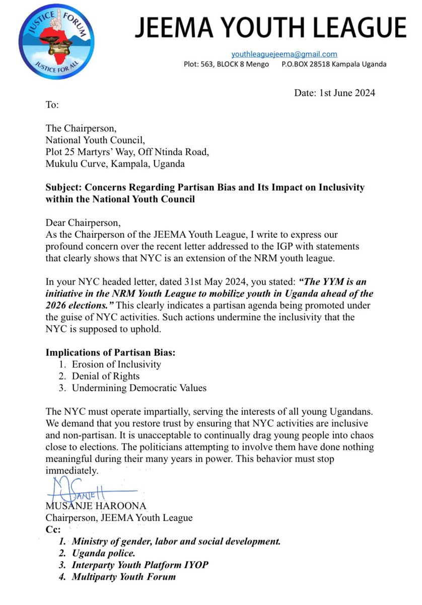JEEMA YOUTH LEAGUE (@jeemayouth) on Twitter photo In response <a href="/Jacobeyeru/">Jacob Eyeru</a>’s letter, we demands the National Youth Council to address and eliminate partisan bias. Inclusivity, rights, and democratic values must be upheld for all young Ugandans. Let's ensure <a href="/NYCofUganda/">National Youth Council Uganda</a> serves everyone impartially. In response <a href="/Jacobeyeru/">Jacob Eyeru</a>’s letter, we demands the National Youth Council to address and eliminate partisan bias. Inclusivity, rights, and democratic values must be upheld for all young Ugandans. Let's ensure <a href="/NYCofUganda/">National Youth Council Uganda</a> serves everyone impartially.