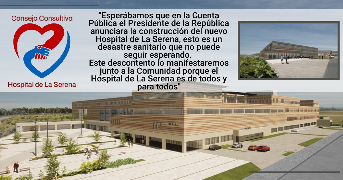 Consultivohls's tweet photo. Desazón es lo que nos deja la Cuenta Pública del Presidente @GabrielBoric al no anunciar la construcción del nuevo Hospital de La Serena enfrentándonos a un desastre sanitario si se sigue dilatando.
En nombre de la Comunidad coordinaremos nuevas acciones
#hospitalaserenaAHORA https://t.co/oQnJ8ezNAT