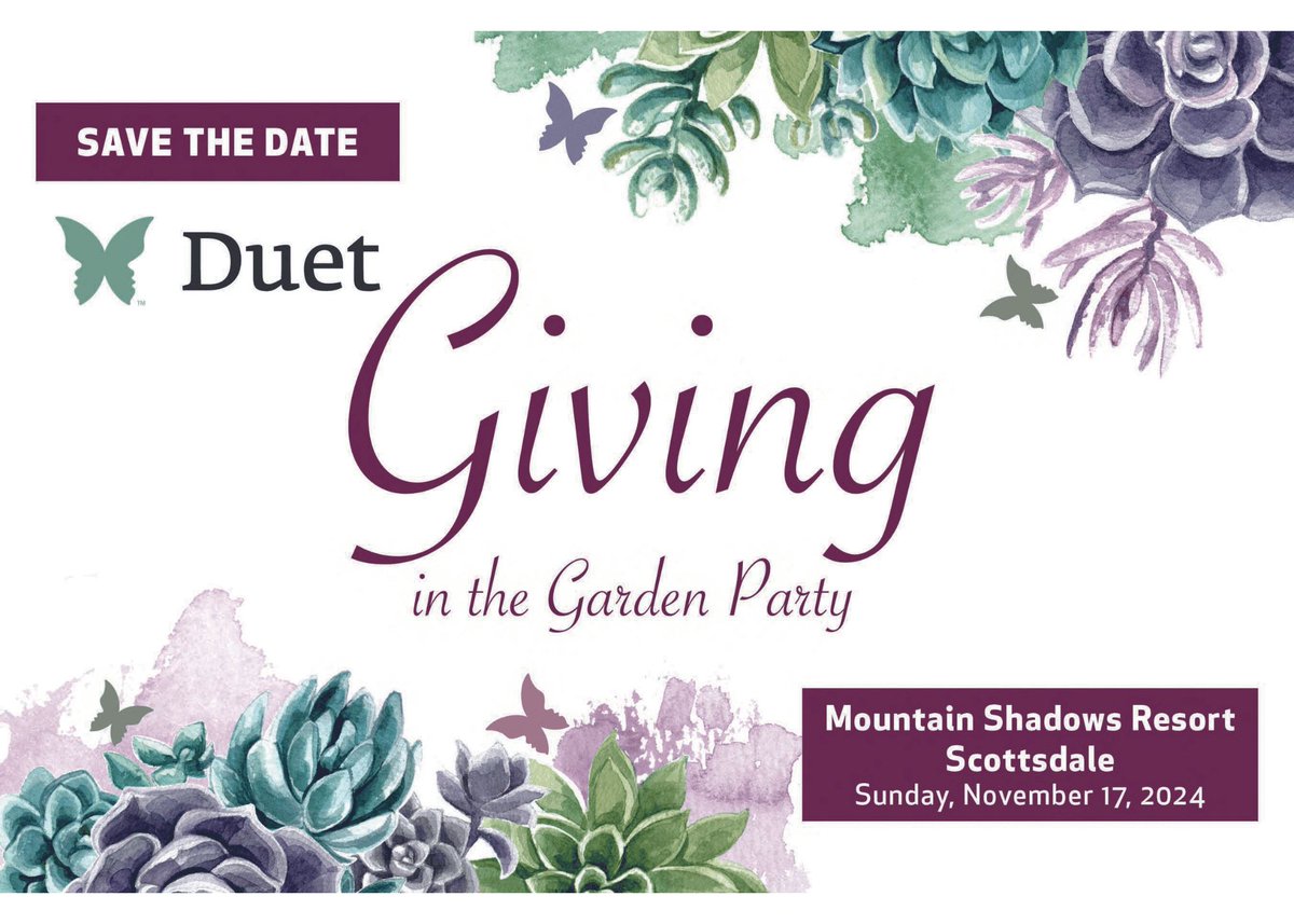 DuetAZ's tweet photo. Join us for our Giving in the Garden Party, celebrating generosity in our community. This event supports the growing number of aging adults who rely on Duet for their health and well-being. Early bird pricing is now available at https://t.co/5XYmj0607m. https://t.co/W3X2YvnI8l