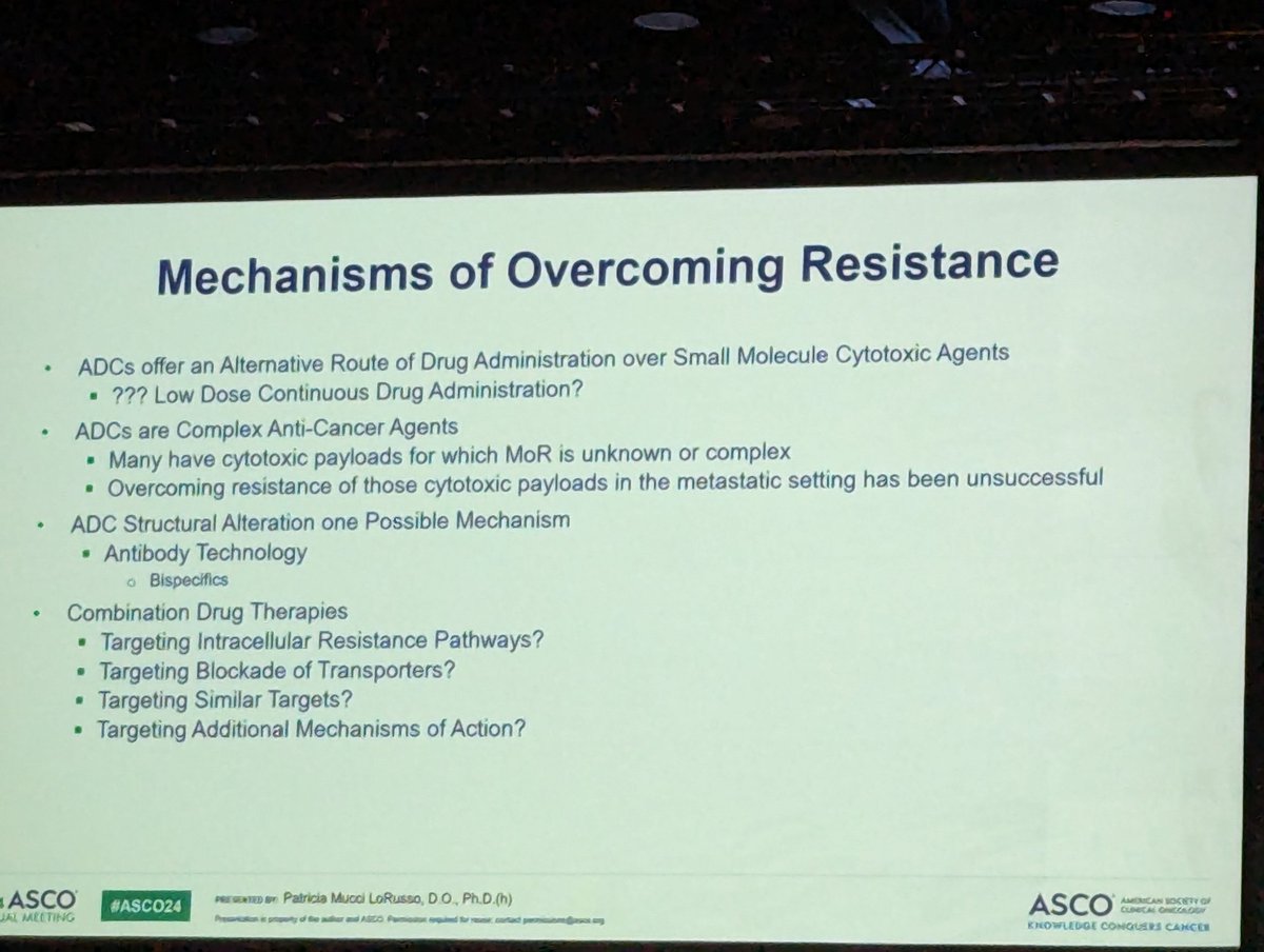 ADCs continue to be 🔥 in the oncologic therapeutic landscape. We now need to consider payload resistance in addn to others when deciding on next lines of therapy after progression on an ADC (re Dr Patricia LoRusso) #ASCO24 #Medscapefellows