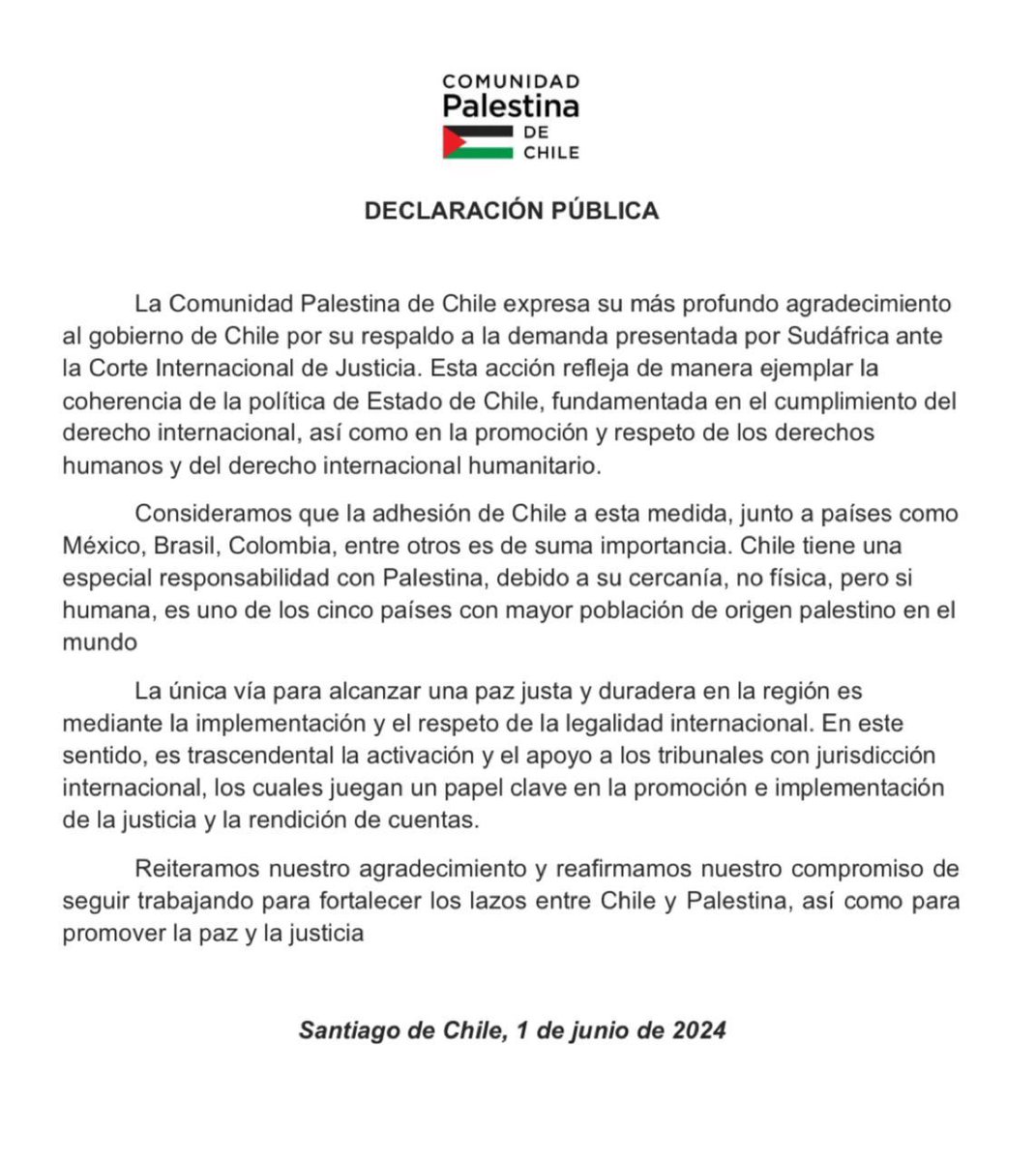Declaración pública sobre el respaldo de Chile a la demanda de Sudáfrica en la Corte Internacional de Justicia (CIJ)

#Palestina #Chile