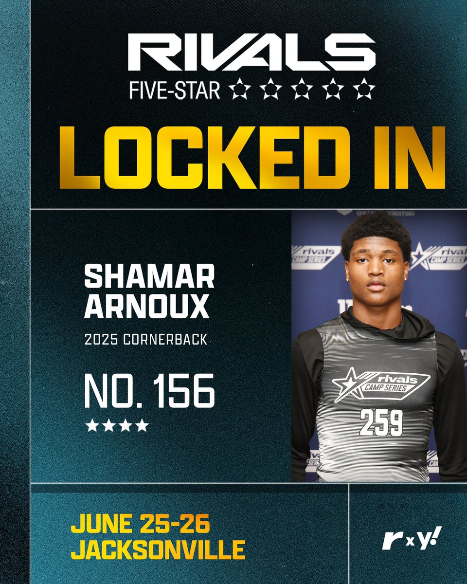 🚨LOCKED IN🚨 4⭐ CB Shamar Arnoux is one of the 100 BEST prospects in the country coming to Jacksonville to compete at the Rivals Five-Star on June 25-26💪🔥