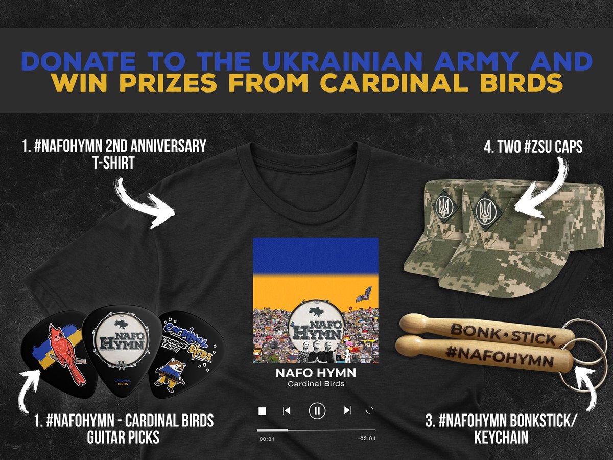 cardinal_birds's tweet photo. 🎁 #Fellas! This day has come! 🙌
This time we have a joint collection! We are raising $500 for #SergeantKit and $500 for a car fundraiser for our good friend who is currently on the front line! So the total goal is $1000 🫡
🎯 Our goal: $1000
📆 Collection period: Until we collect the full amount
🥇 Conditions: when donating to PayPal, write "CB KIT CAR" + your nickname on Twitter aka “X”
📌 Donate PayPal here: cardinalbirdsband@gmail.com
❗️IMPORTANT ❗️
Enter only our full email (cardinalbirdsband@gmail.com), because there are many scammers 🤬
terrorists are preparing for a new offensive, there are many enemies, but together we will stand! 💥
As usual, we will be doing a giveaway for everyone who donates $10 or more, the bigger the amount, the better the chance to win a prize! 🎁
This time we have 2 gifts for you:
1) #NAFOHymn 2nd Anniversary T-Shirt 🏆
2) #NAFOHymn - Cardinal Birds Guitar Picks 🏆
3) #NAFOHymn BONKSTICK\KEYCHAIN 🏆
4) Two #ZSU Caps 🏆
As soon as we collect the required amount, we will make a video report of the purchase and a video report of the raffle! 📹
So we wish everyone a good day and good luck! 🙏
We will be very grateful for likes and reposts 🙌
#Boost Boost Boost!