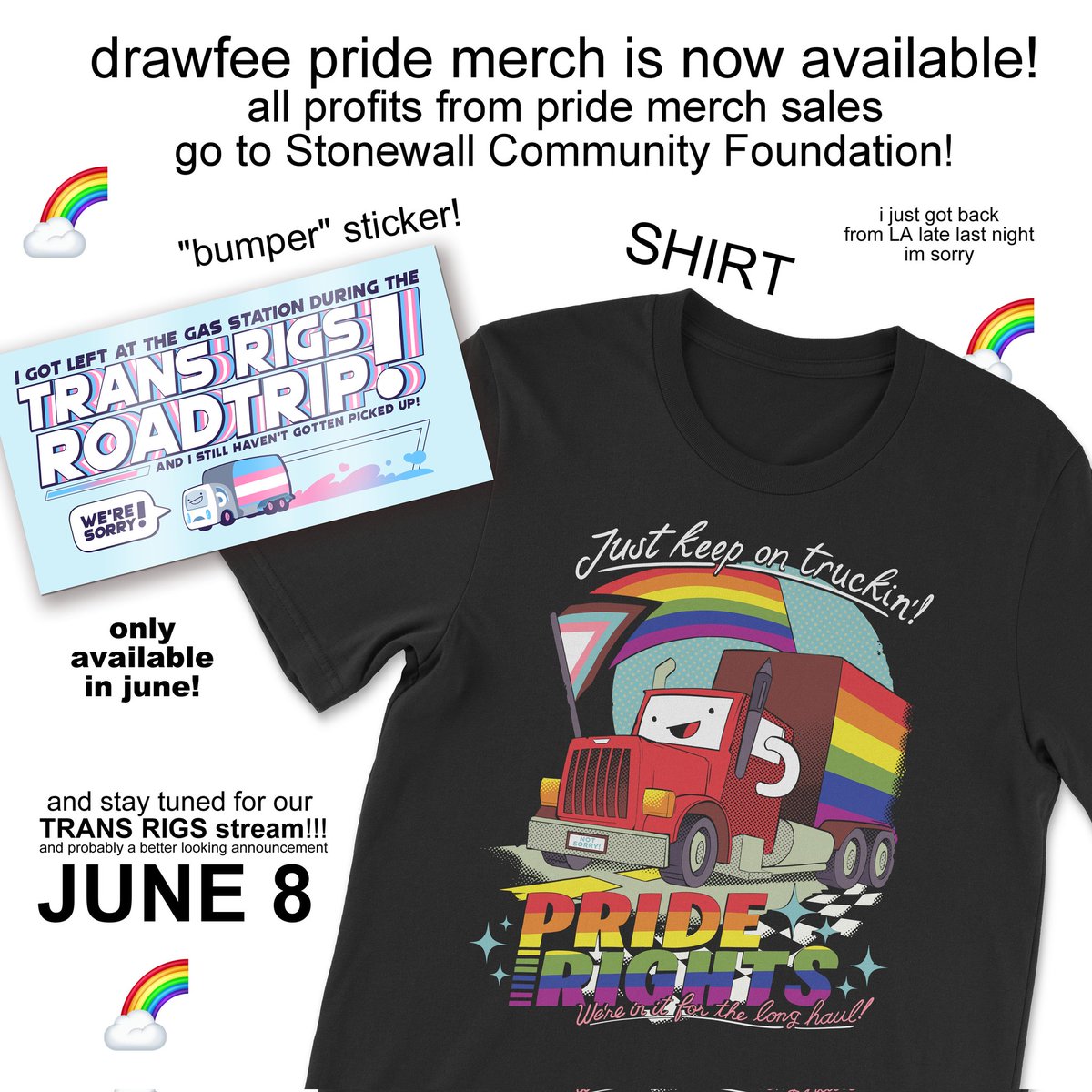 DrawfeeShow's tweet photo. Happy pride everyone! 🌈
As is tradition, we have some brand new pride merch! Whatever we would normally make from merch sales (after production cost, etc) will be donated to the Stonewall Community Foundation!  Grab it here: https://t.co/fSmFnsrlYW https://t.co/dyDy1rV3RU