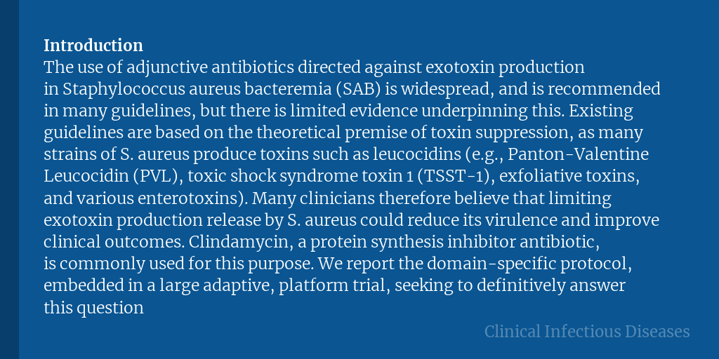 CIDJournal's tweet photo. Does adjunctive clindamycin have a role in Staphylococcus aureus bacteremia? A protocol for the adjunctive treatment domain of the S. aureus Network Adaptive Platform (SNAP) randomized controlled trial

✅ Just Accepted
🔗 https://t.co/BQiyjDTueX https://t.co/erOB8HIM7m