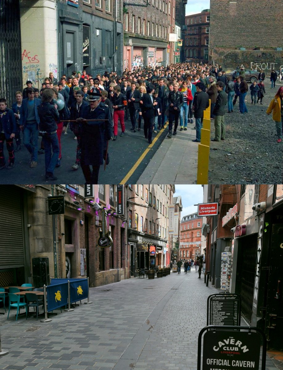 Mathew Street, 1980 and 2024 Showing the march that took place on March 23rd to save 'Eric's' after the club had been closed down following a police raid