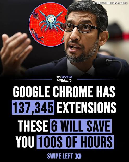 Google Chrome has 137,345 extensions. 

But only a few are super handy. 

These 6 will save you 100s of Hours and make your life easier❤️

To get it simply follow below steps:

- Follow <a href="/therjrajesh/">Rajesh Kumar</a> 
- Comment “ Chrome”
- RT + Like 👍
