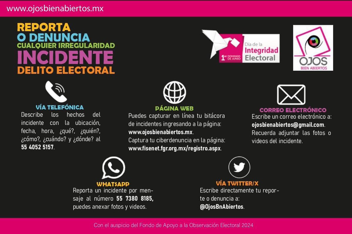 📢¡Tu voto vale, emítelo con integridad!

Consulta el portal, reporta o denuncia cualquier regularidad incidente DELITO ELECTORAL. ojosbienabiertos.mx