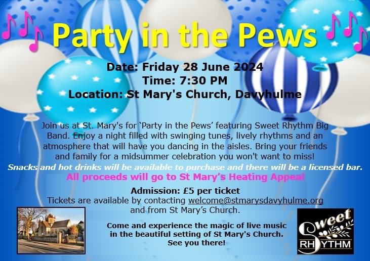 RumTum21's tweet photo. Join  @SweetRhythmBB  at St Mary's for 🎶 Party in the Pews🎶 
📅 Date: Friday, 28 June 2024
🕢 Time: 7:30 PM
📍 Location: St Mary the Virgin C of E Church, Davyhulme
🎟 Admission: £5 per ticket, available by contacting welcome@stmarysdavyhulme.org and from St Mary’s Church.
♥️♥️ https://t.co/v7TCulIquV