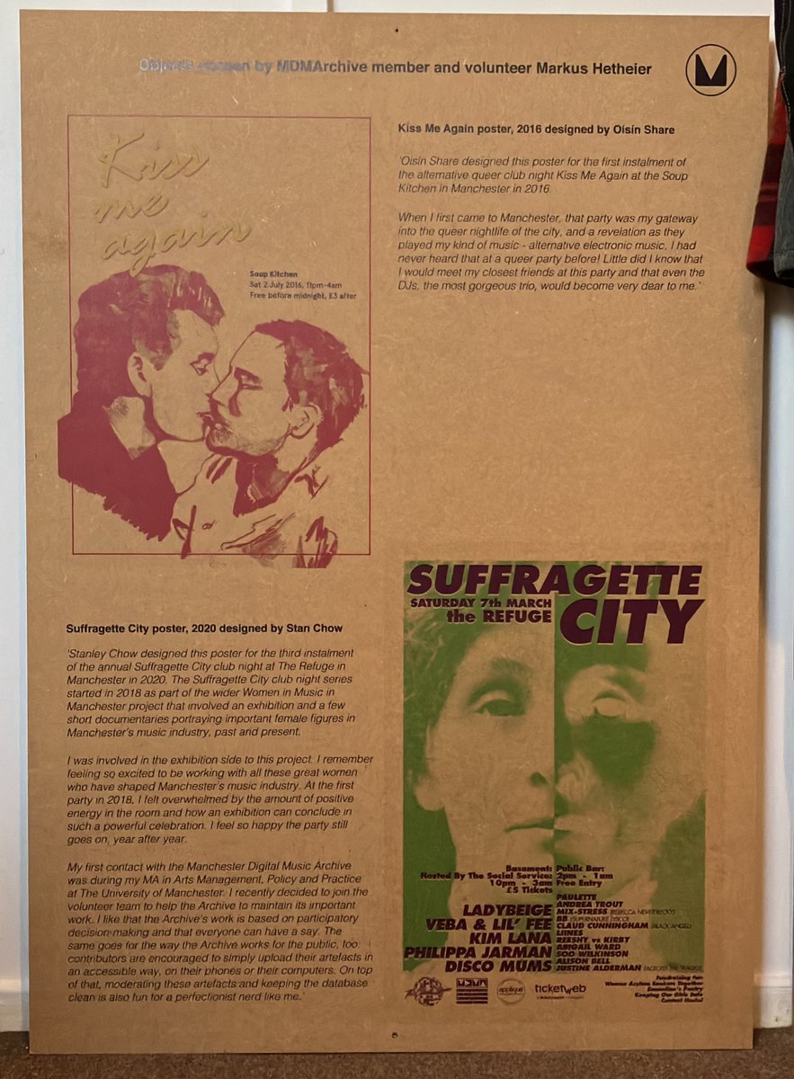 Happy birthday @KissMeAgainMCR — here’s a throwback to the exhibition panel I curated for <a href="/MDMArchive/">MDMArchive</a> @beeinthecitymcr #50windowsmcr <a href="/rncmlive/">Royal Northern College of Music</a> with the first poster designed by Oisín Share and my story how the night was my entrance into Manchester’s queer nightlife. 🥰
