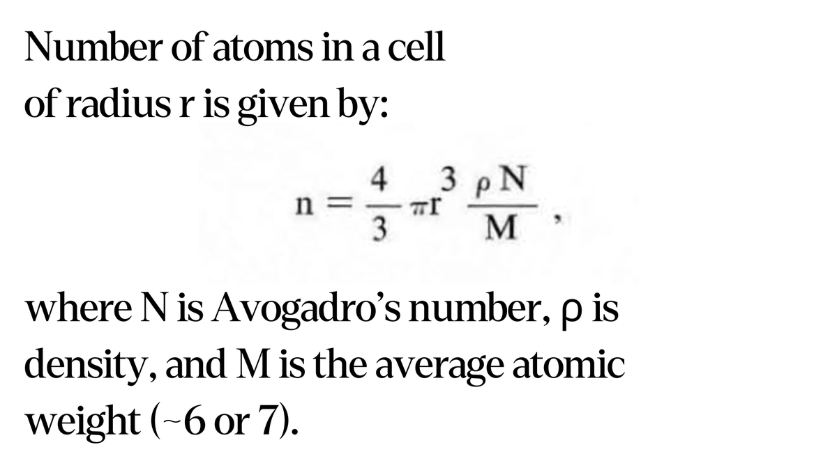 Good rule of thumb for estimating the number of atoms in a cell.

A small cell, with 0.5 micron radius, has 55 billion atoms. From this, you can estimate approximate numbers of proteins, genome size, etc.

(Proteins have ~6,000 atoms. Each nucleotide has 50-60 atoms.)