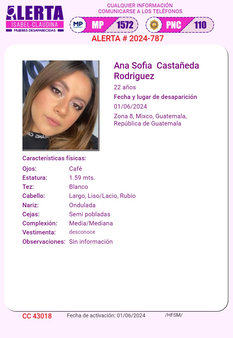 isabel_claudina's tweet photo. #AlertaIsabelClaudina
📷 Ayúdenos a encontrar a
ANA SOFIA CASTAÑEDA RODRIGUEZ
Cualquier información comunicarse al teléfono 📷 1572
Gracias por difundir esta información📷 https://t.co/r24JgixEvf