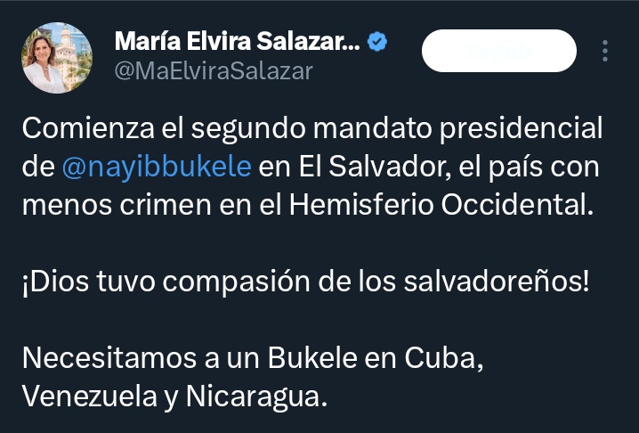 Cuando Chávez se reeligió lo acusaron de dictador desde Miami, también acusaron a Daniel Ortega y de Fidel ni hablar; ahora Nayib Bukele transgrede la constitución se reelige presidente y los Congresistas de Miami dicen que hace falta un Bukele para Cuba, Nicaragua y Venezuela...