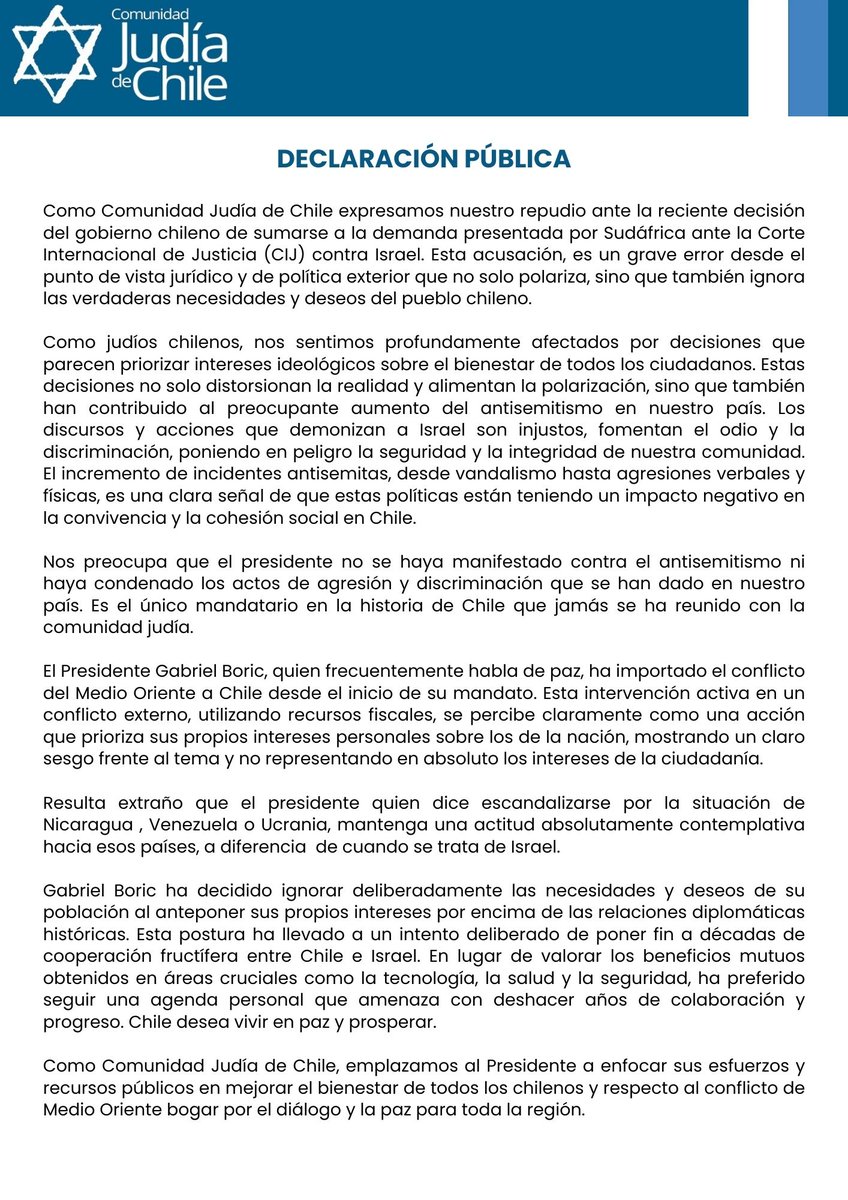 Declaración pública sobre decisión del gobierno chileno de sumarse a la demanda presentada por Sudáfrica ante la Corte Internacional de Justicia (CIJ) contra Israel.
<a href="/DafneEnglander/">Dafne Englander</a> <a href="/ArielaAgosin/">Ariela Agosin</a> @DaniHasson