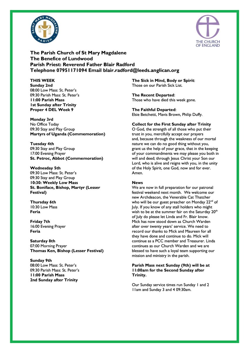 Our Mass and service times this week. <a href="/churchofengland/">The Church of England</a> <a href="/LeedsCofE/">Diocese of Leeds</a> <a href="/DanJarvisMBE/">Dan Jarvis MP</a> <a href="/Mayor_Barnsley/">Mayor of Barnsley</a> @BishopWakefield <a href="/ChronOnline/">Barnsley Chronicle</a> <a href="/Barnsleyis/">#BarnsleyIsBrill</a> <a href="/NEBarnsley/">North East Area Team</a> <a href="/BBCSheffield/">BBC Sheffield</a> #lovelundwood #barnsley #barnsleyisbrill