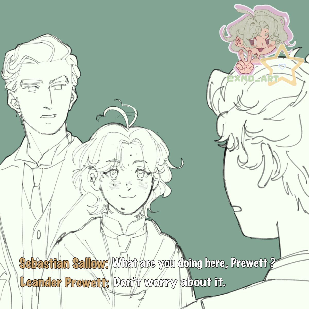 xmd_art's tweet photo. Loved this screenshot so much I had to redraw it. It’s so funny how Leander’s right behind Oliver when he first talks to Sebastian 😭

#HogwartsLegacy #LeanderPrewett #SebastianSallow #HogwartsLegacyMC https://t.co/Lw5G3M8YHX