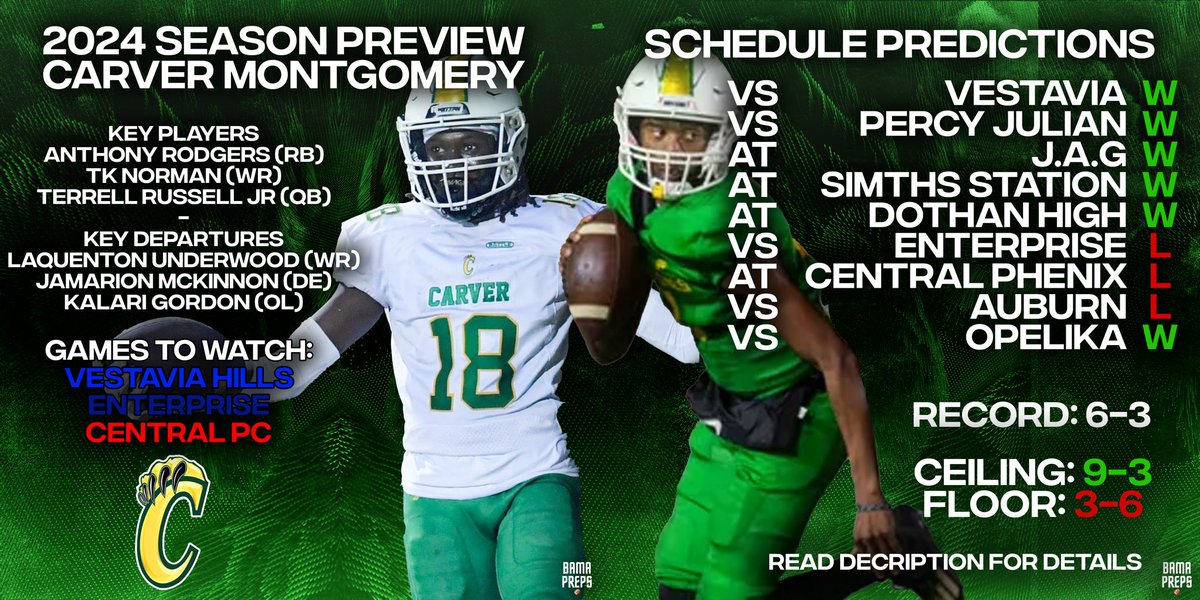 Season Preview #1: Carver Montgomery Wolverines A new era has begun in Montgomery. Bobby Carr takes the helm as the new Head Coach of Carver, and with that, heightened expectations on one of 7A’s newest schools. Last season was much of the same for the Wolverines in 6A. A Solid